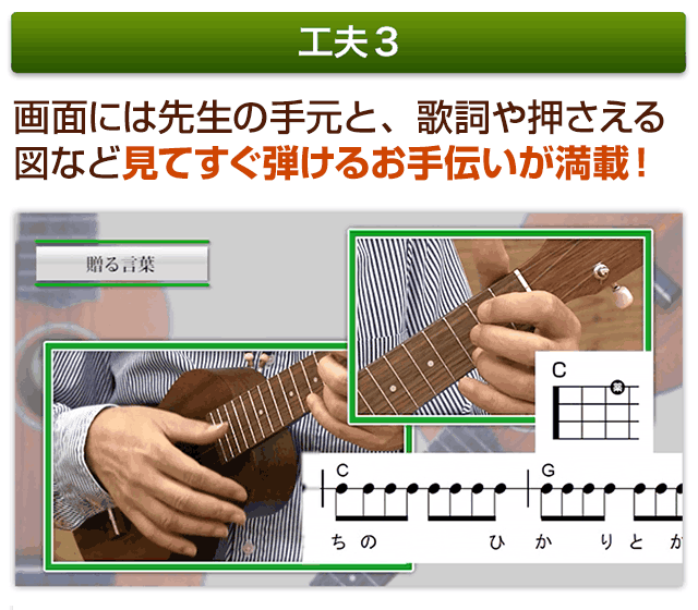画面には先生の手元と、歌詞や押さえる図など見てすぐ弾けるお手伝いが満載!